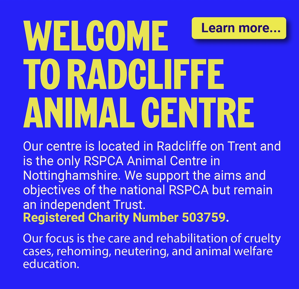 Welcome to Radcliffe animal centre text on blue background.